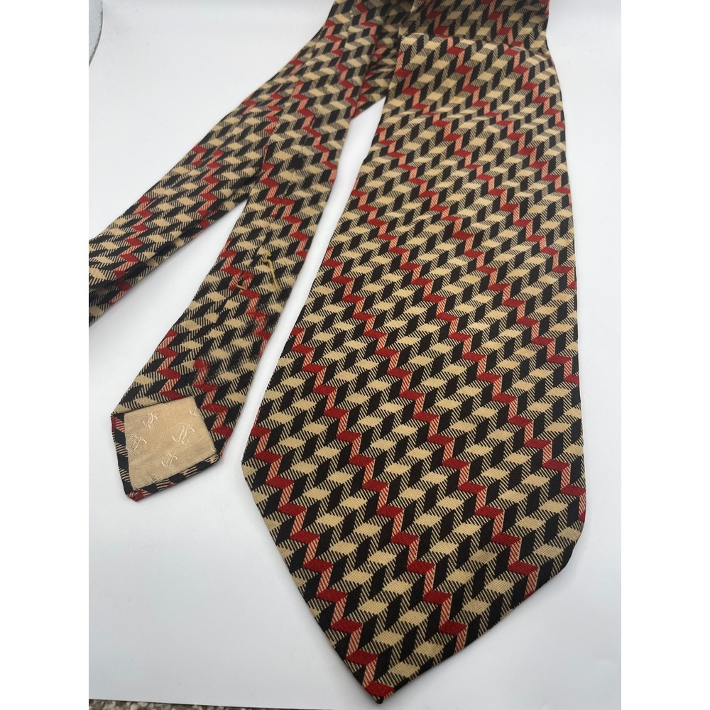 Chanel Paris Mens Silk Tie Geometric Zig Zag Tan Black Red Vintage France